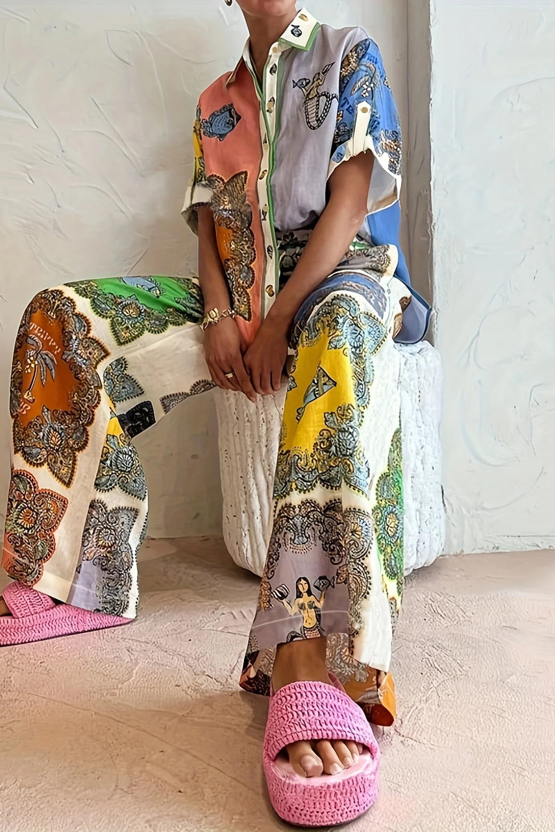 Ethnic Print Contrast Cardigan & Trousers Set