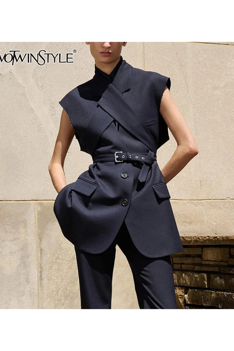 Belted Lapel Sleeveless Waistcoat
