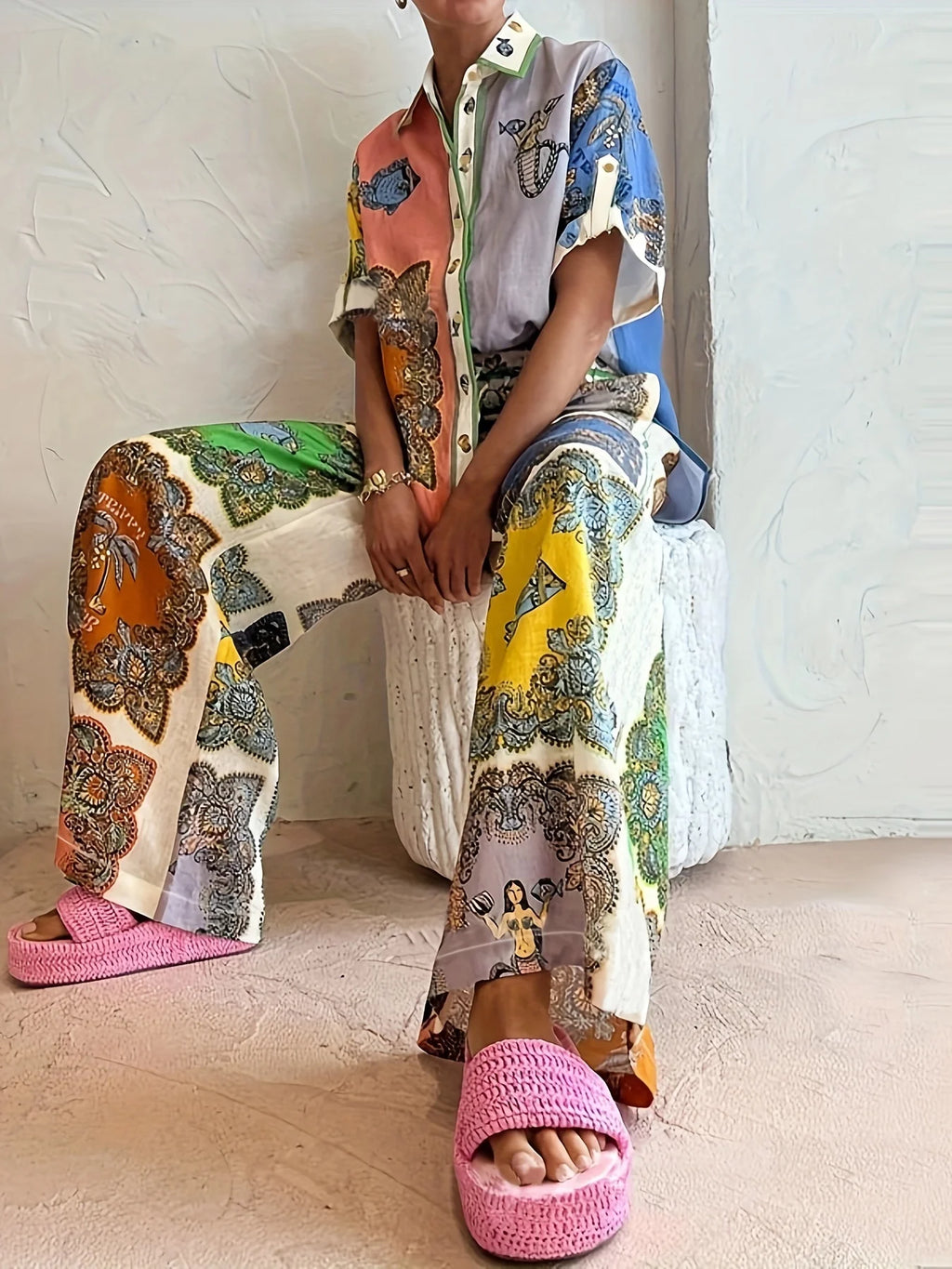 Ethnic Print Contrast Cardigan & Trousers Set