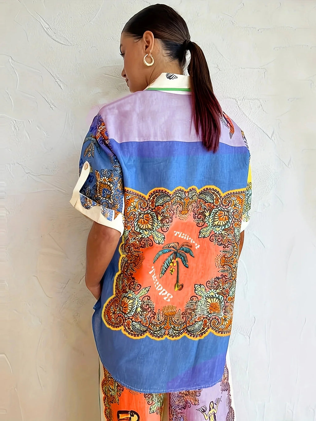 Ethnic Print Contrast Cardigan & Trousers Set