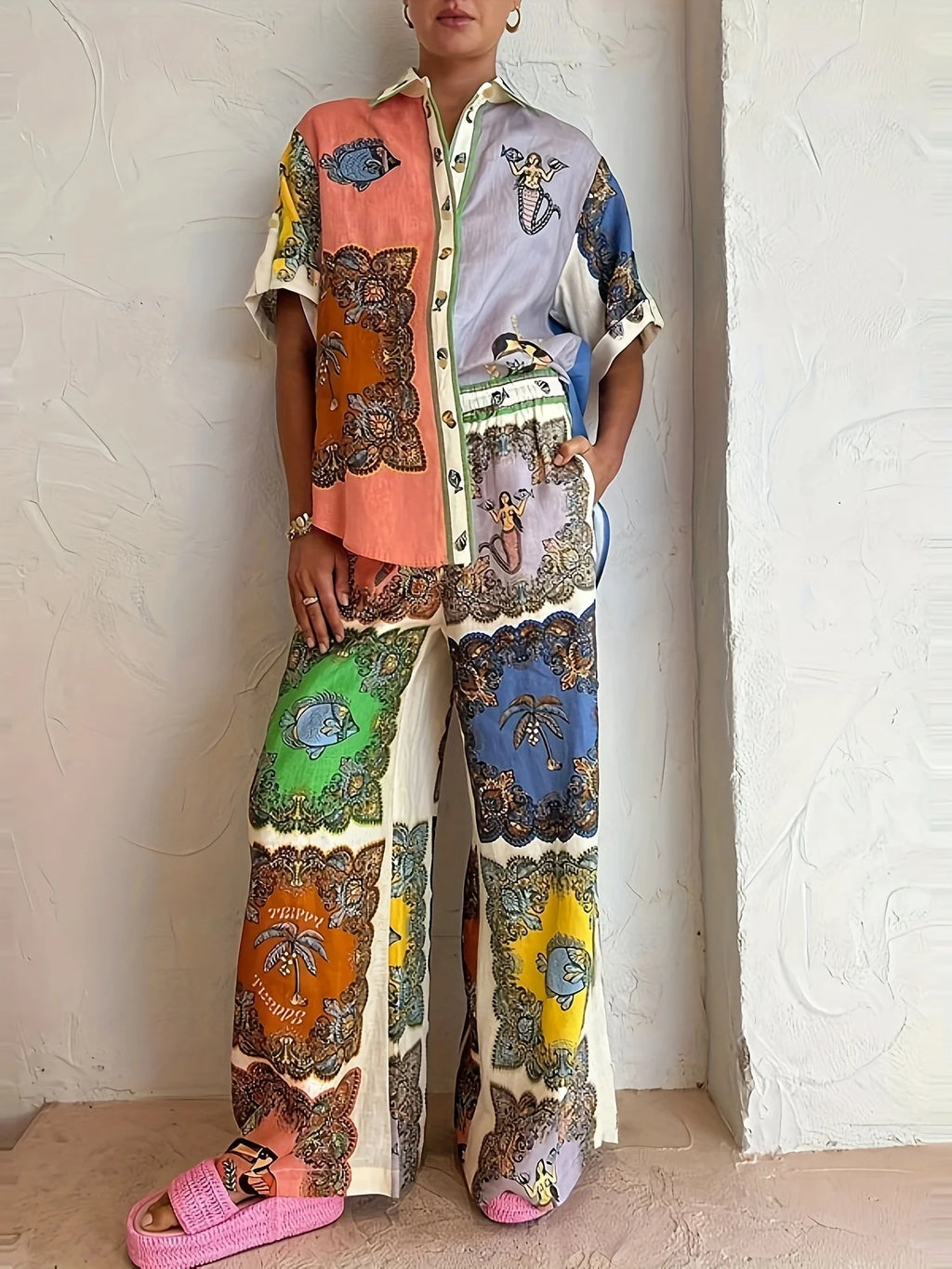 Ethnic Print Contrast Cardigan & Trousers Set