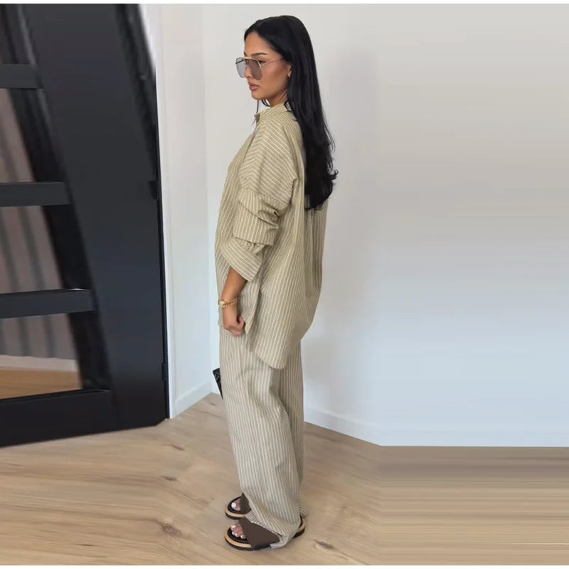 Striped Lapel Shirt & Straight-Leg Trousers Set