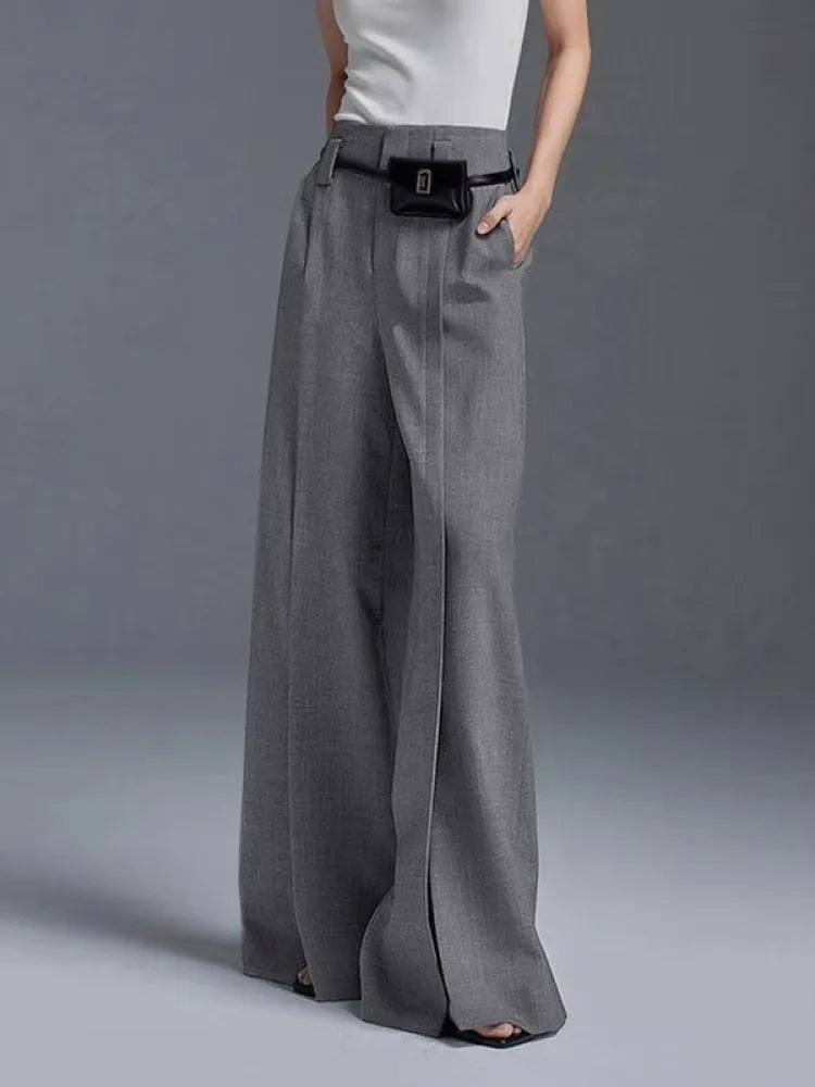 High-Waist Pleated Split-Front Wide-Leg Trousers