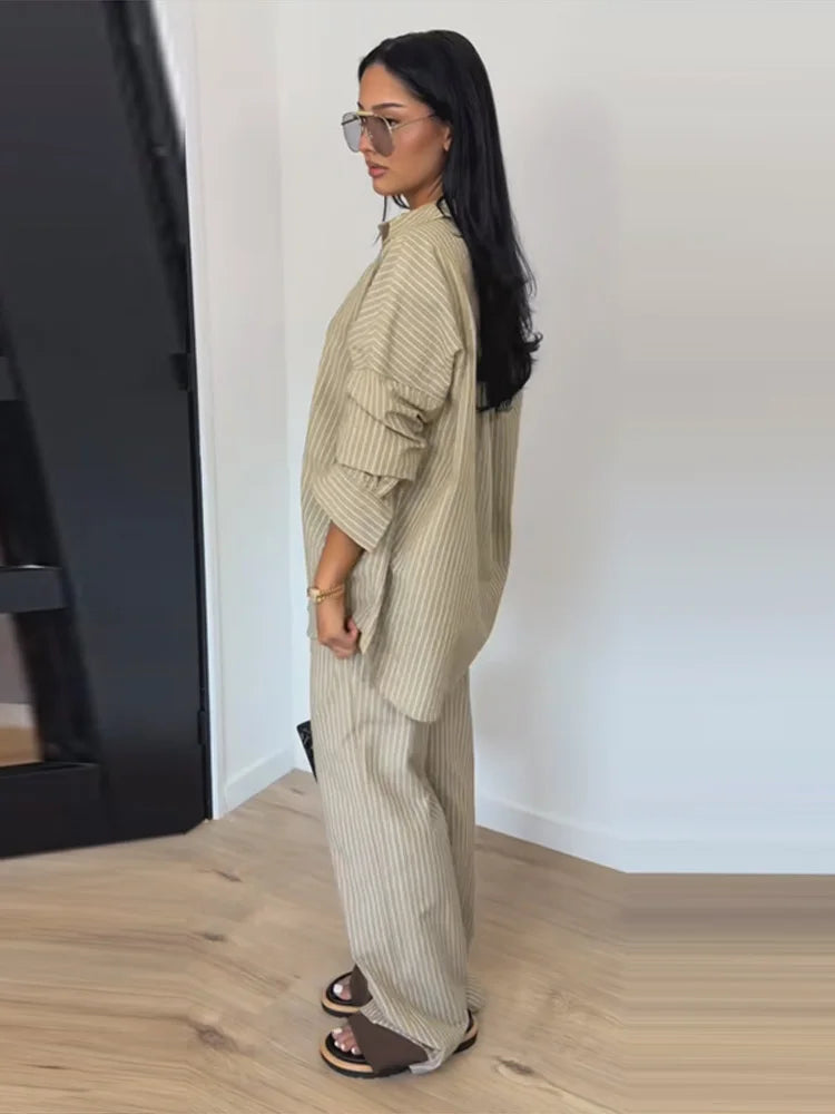 Striped Lapel Shirt & Straight-Leg Trousers Set