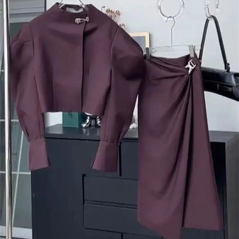 Puff Sleeve Jacket & Pleated Midi Skirt Set