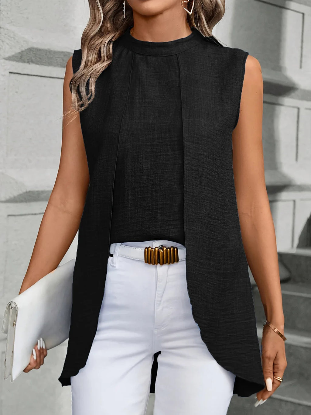 Layered-Look Sleeveless Solid Blouse