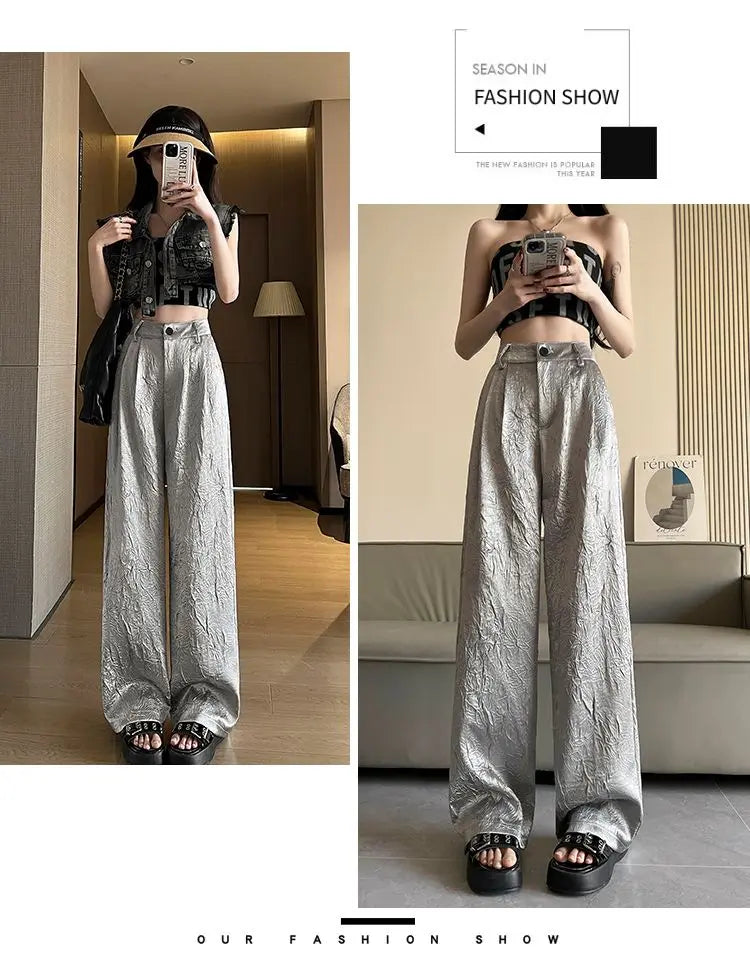 Silver Textured High-Waist Wide-Leg Trousers