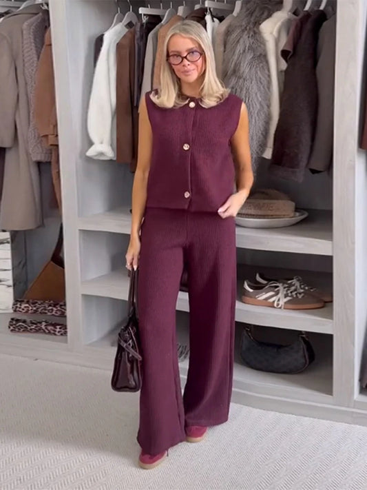 Knit Sleeveless Vest & Wide-Leg Trousers Set