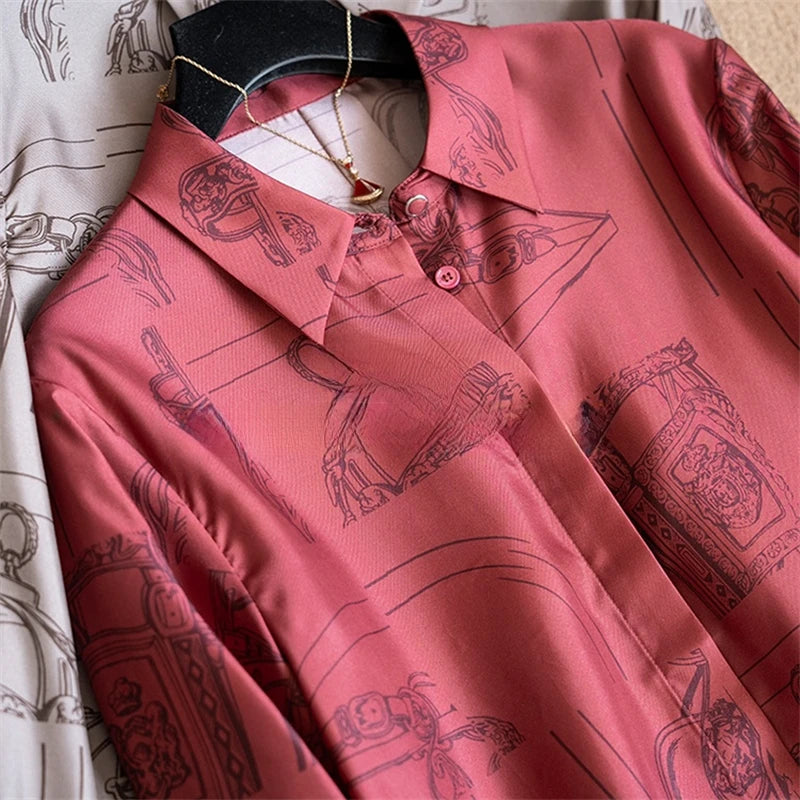 Vintage Print Long Sleeve Luxury Blouse