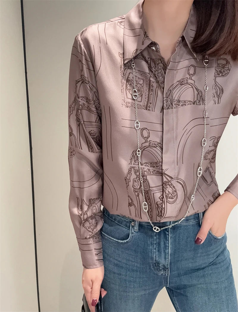 Vintage Print Long Sleeve Luxury Blouse