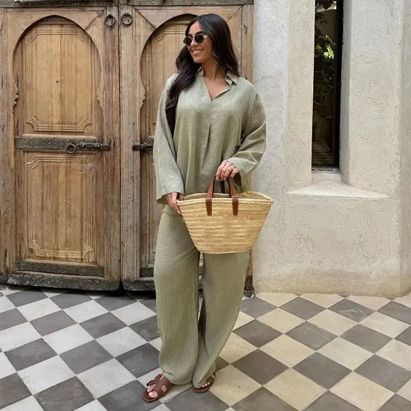 Striped Lapel Shirt & Straight-Leg Trousers Set