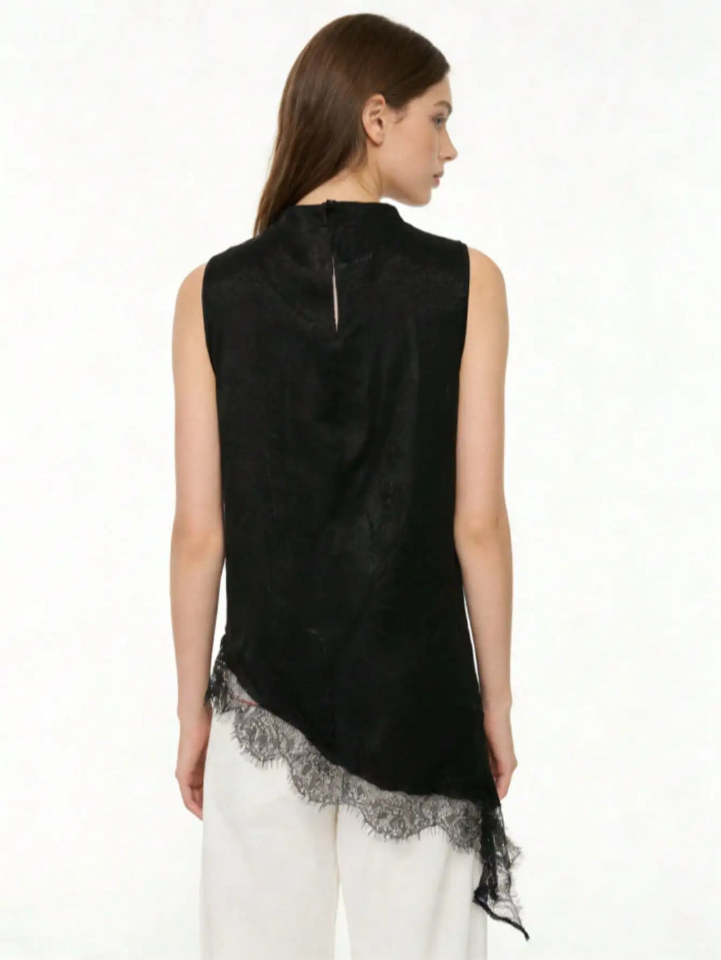Satin High Neck Lace Trim Sleeveless Top