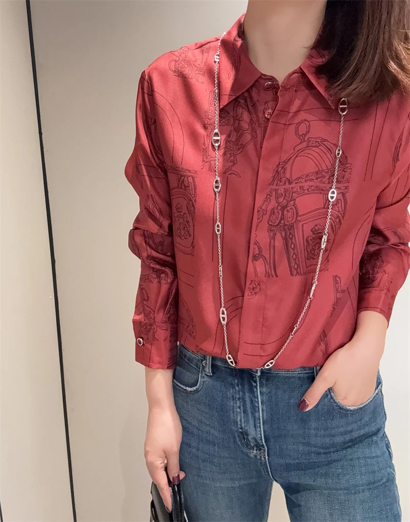 Vintage Print Long Sleeve Luxury Blouse