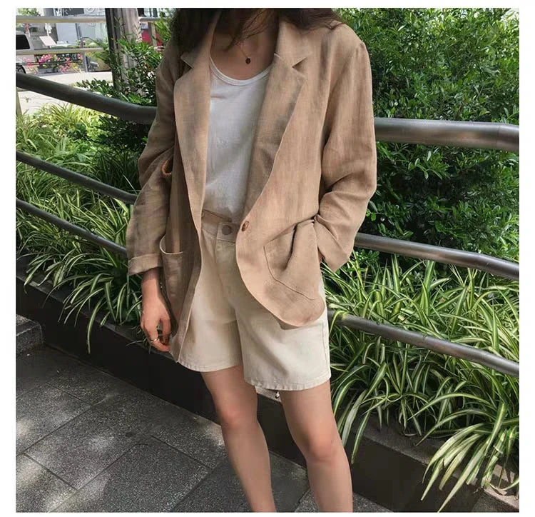 Notch Lapel Cotton Linen Casual Blazer