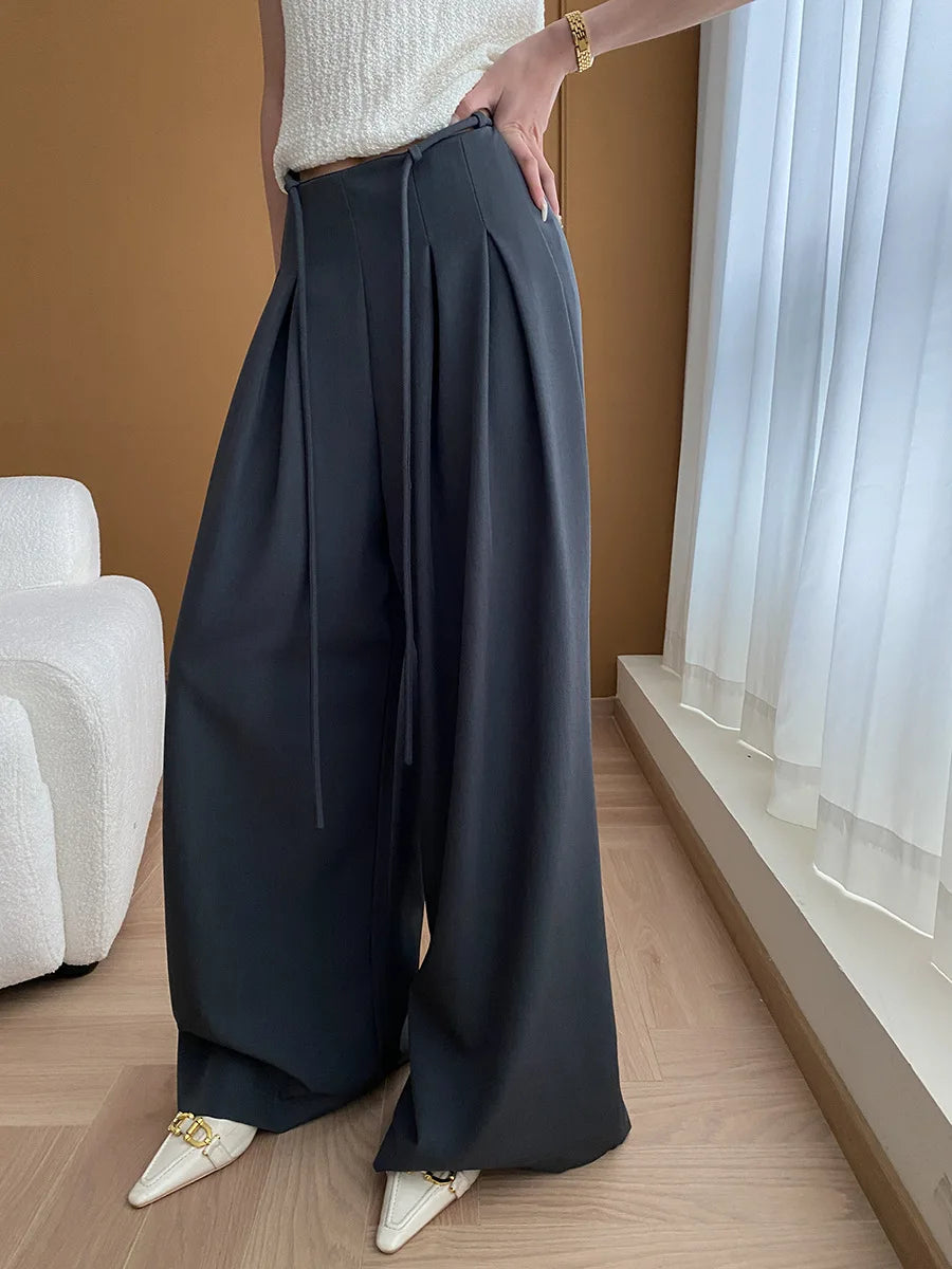 Drawstring High-Waist Wide-Leg Trousers