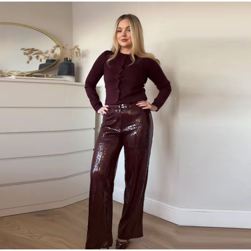 Sequin High-Waist Wide-Leg Trousers