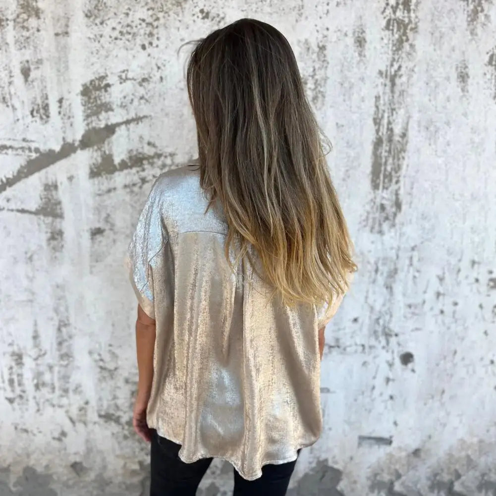 Bronzed V-Neck Short-Sleeve Blouse