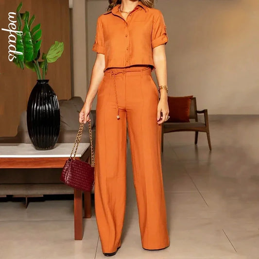 Belted Lapel Short-Sleeve Top & Wide-Leg Trousers Set