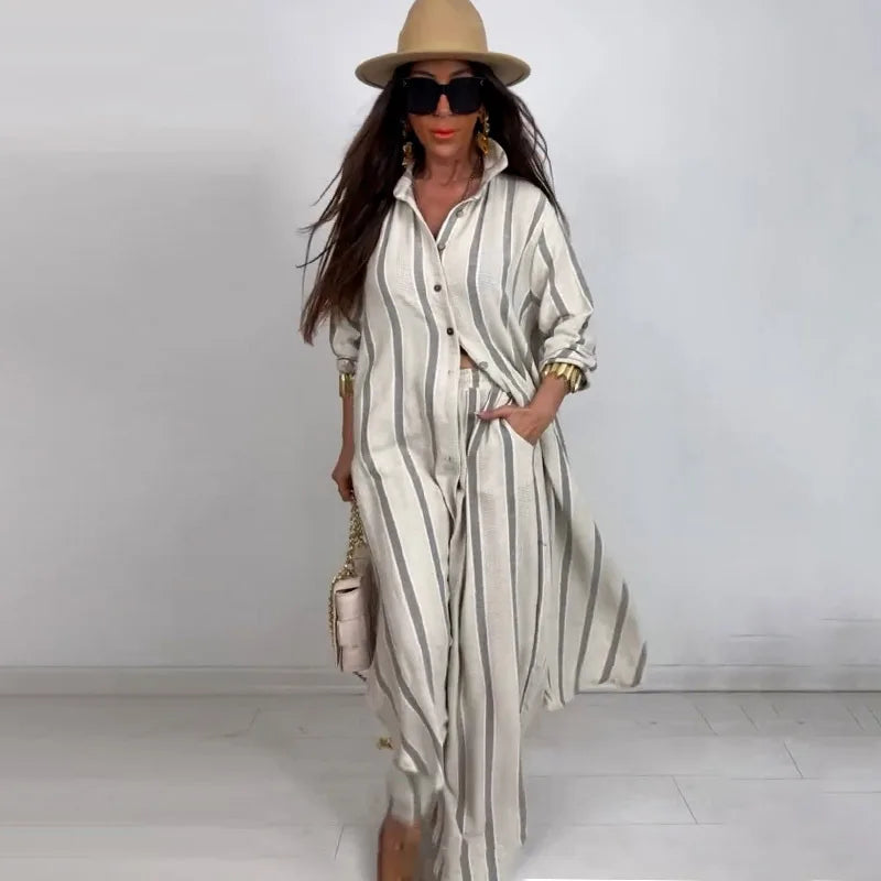 Striped Shirt & Wide-Leg Trousers Set