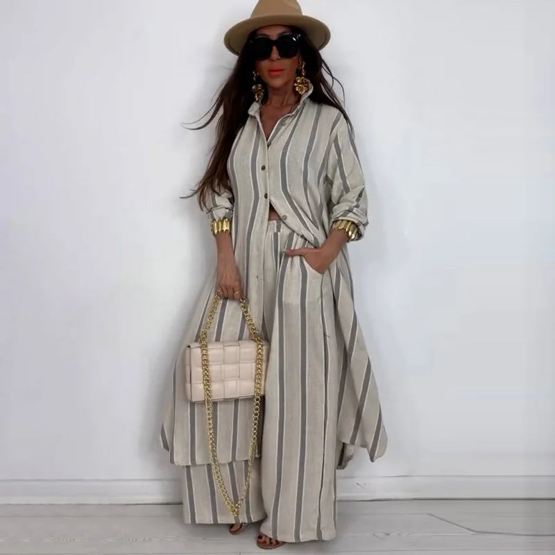 Striped Shirt & Wide-Leg Trousers Set