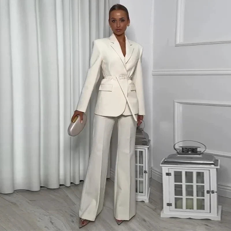 Belted Blazer & Wide-Leg Flare Trousers Set