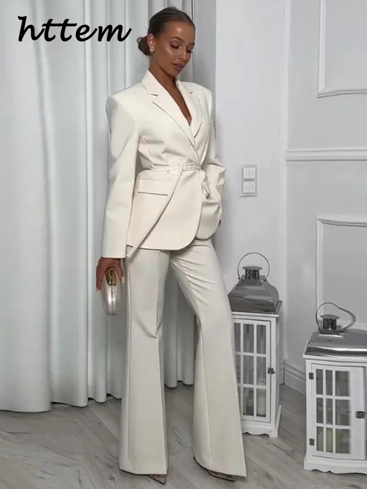 Belted Blazer & Wide-Leg Flare Trousers Set
