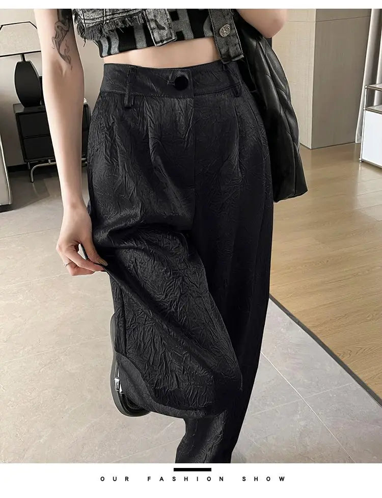 Silver Textured High-Waist Wide-Leg Trousers