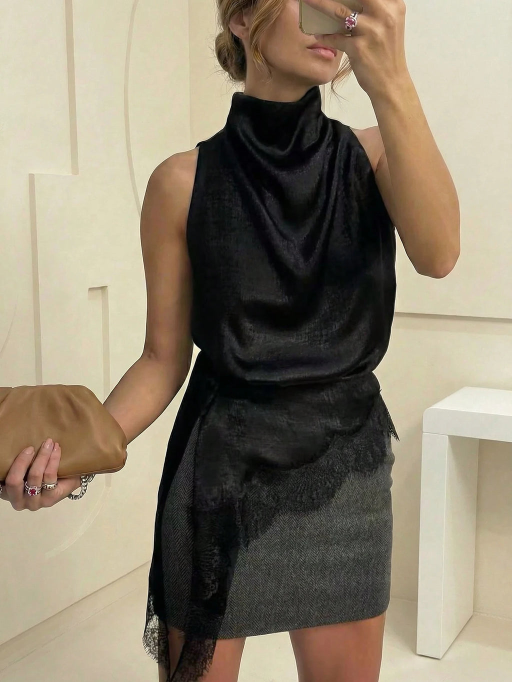 Satin High Neck Lace Trim Sleeveless Top