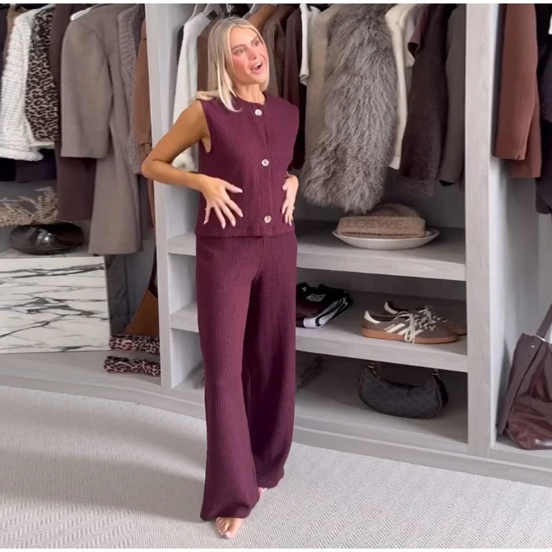 Knit Sleeveless Vest & Wide-Leg Trousers Set