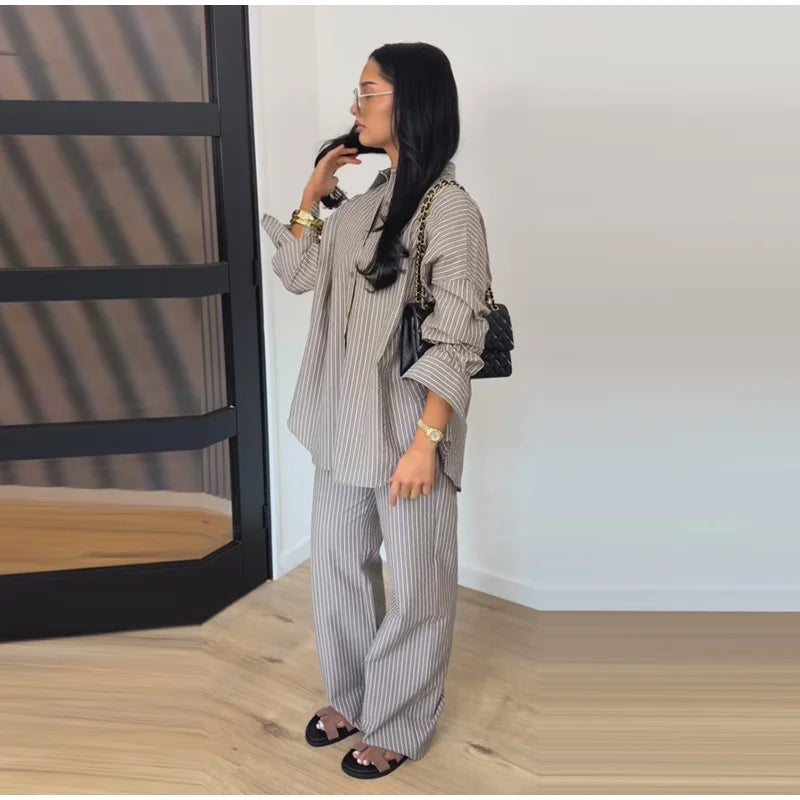 Striped Lapel Shirt & Straight-Leg Trousers Set