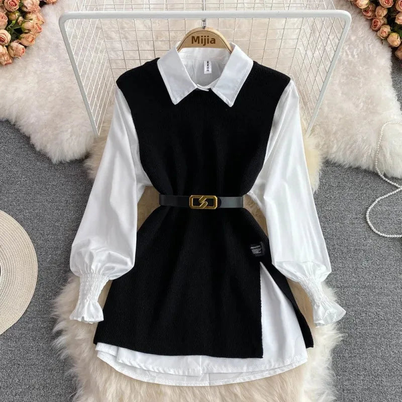 Shirt & Knit Vest Two-Piece Set