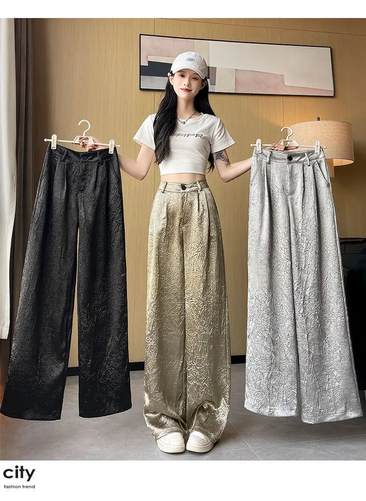 Silver Textured High-Waist Wide-Leg Trousers