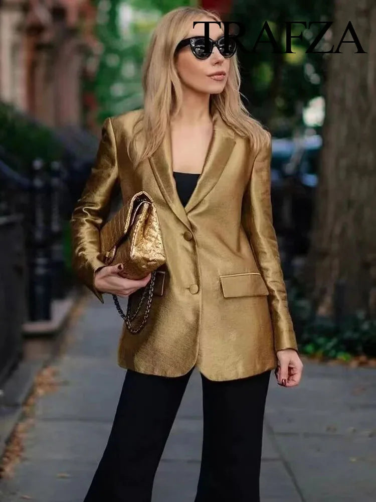 Gold V-Neck Button-Up Blazer