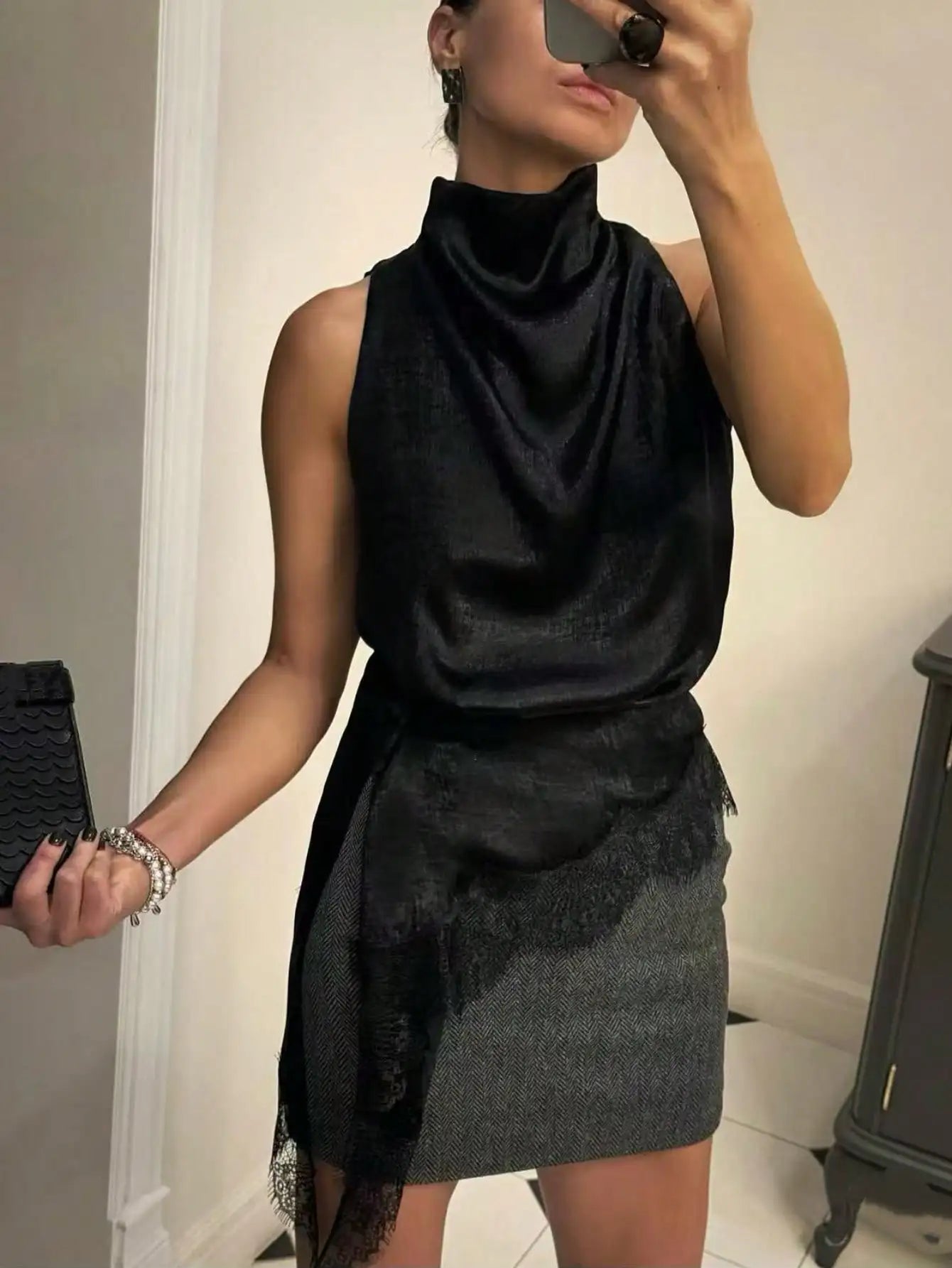 Satin High Neck Lace Trim Sleeveless Top