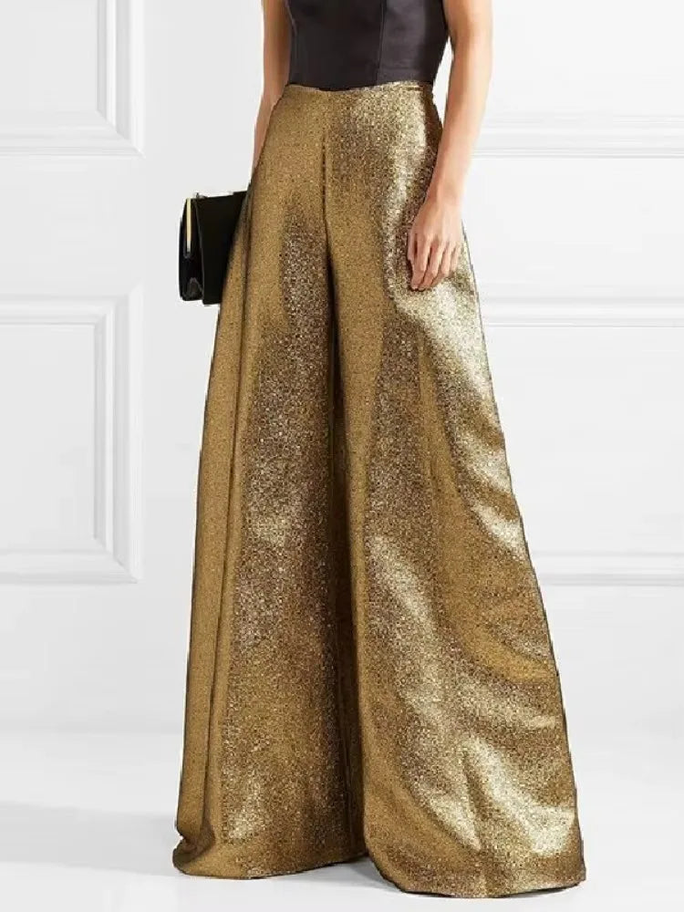 Gold High-Waist Wide-Leg Evening Trousers