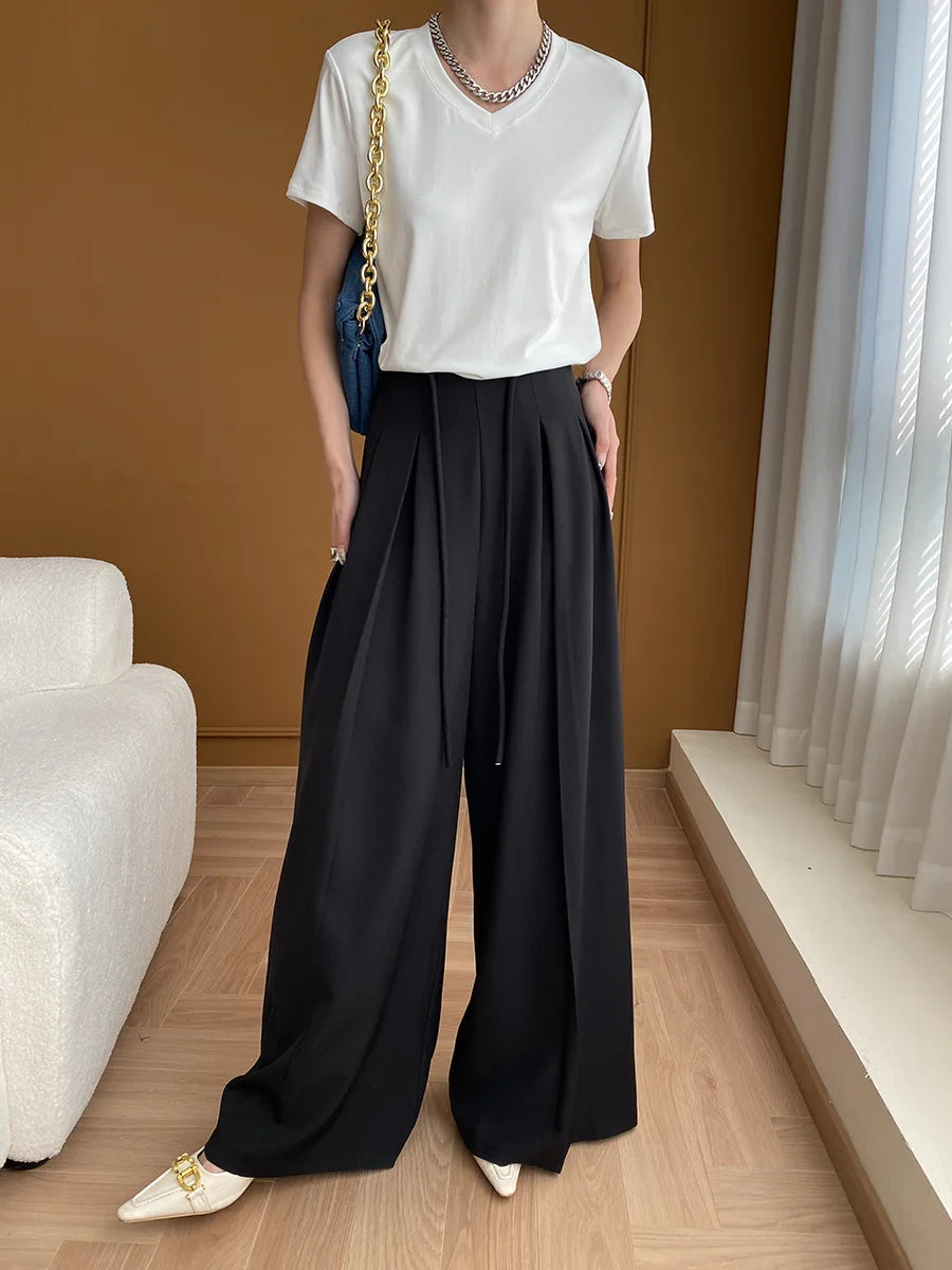 Drawstring High-Waist Wide-Leg Trousers