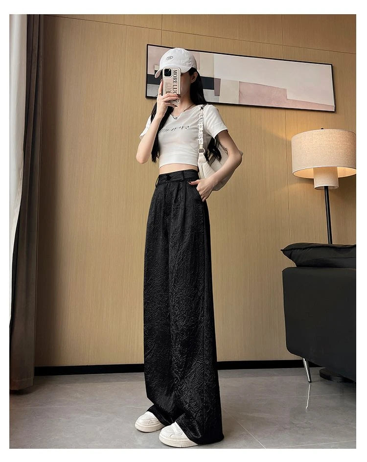 Silver Textured High-Waist Wide-Leg Trousers