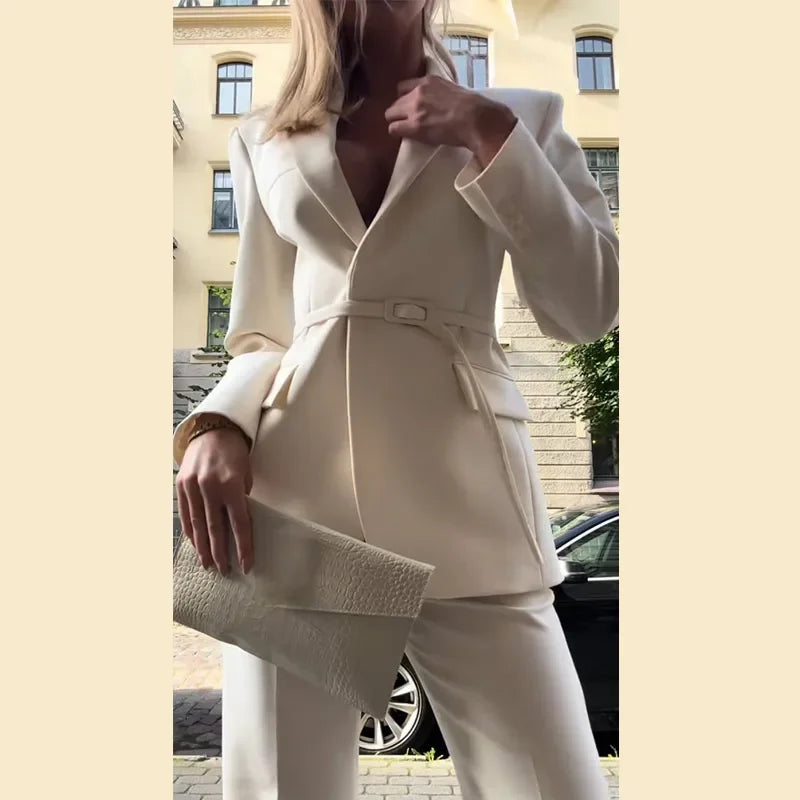 Belted Blazer & Wide-Leg Flare Trousers Set