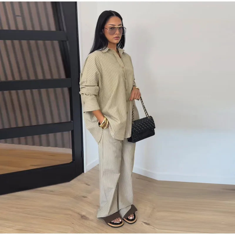 Striped Lapel Shirt & Straight-Leg Trousers Set