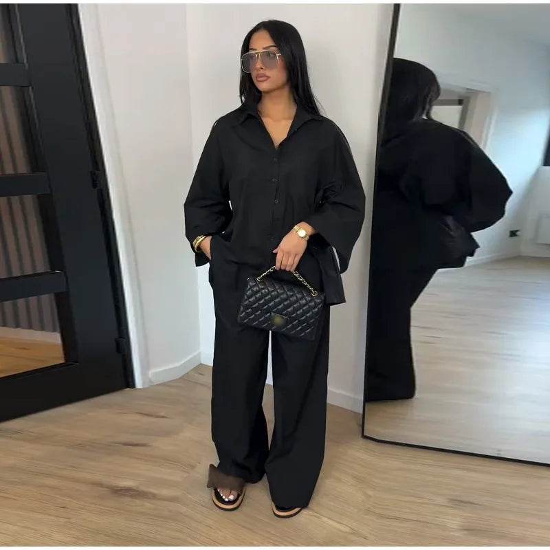 Striped Lapel Shirt & Straight-Leg Trousers Set