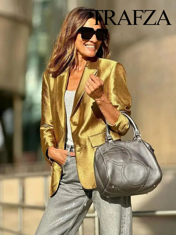 Gold V-Neck Button-Up Blazer