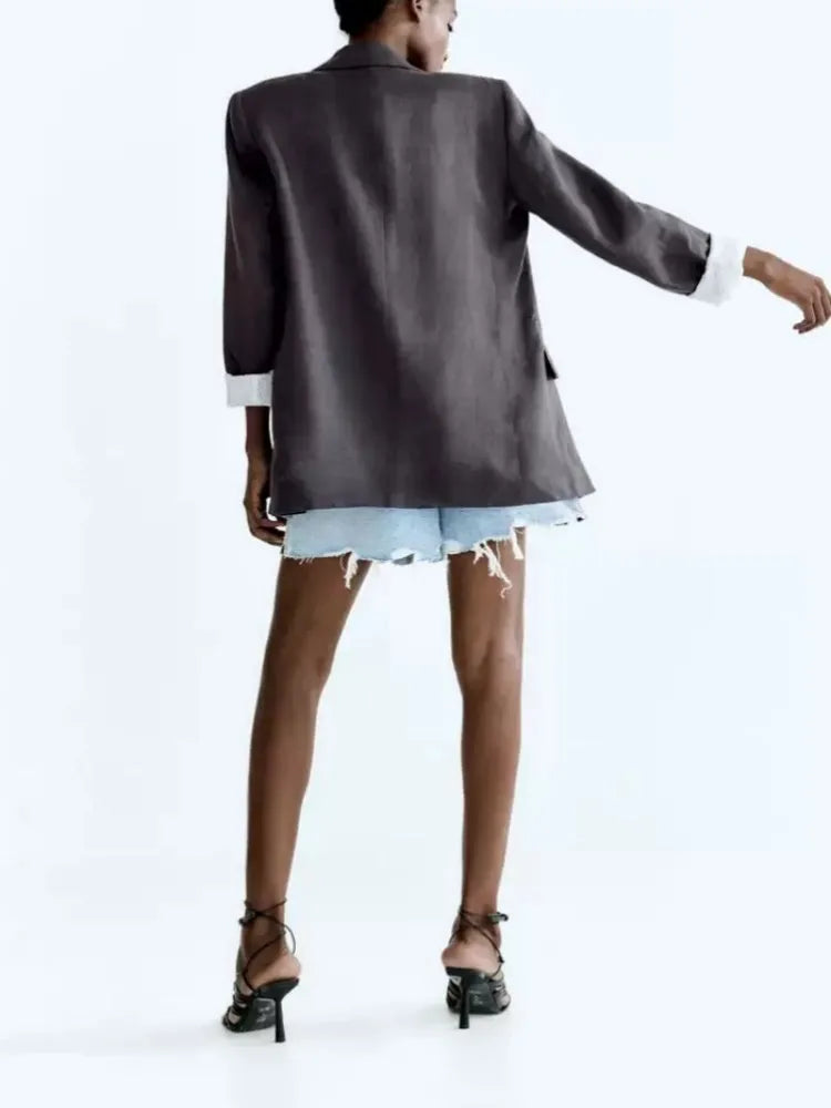 Printed Sleeve Open-Front Linen Blazer