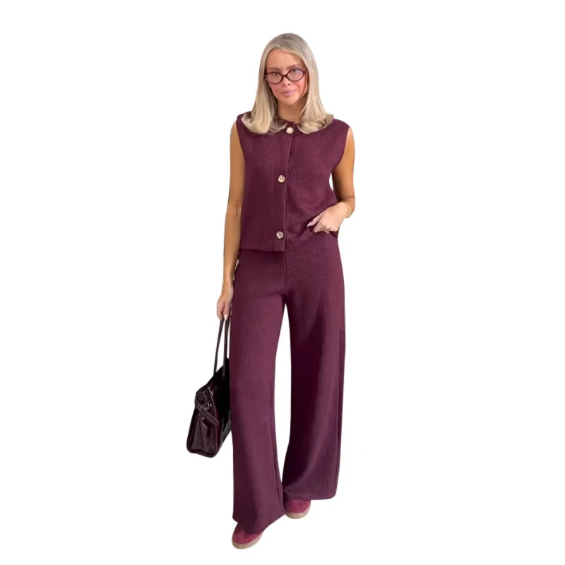 Knit Sleeveless Vest & Wide-Leg Trousers Set