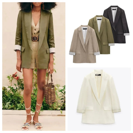 Printed Sleeve Open-Front Linen Blazer