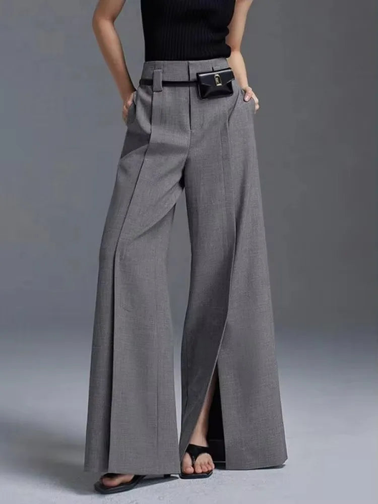 High-Waist Pleated Split-Front Wide-Leg Trousers