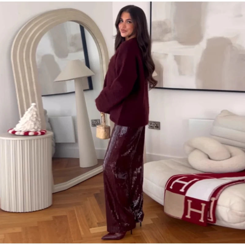 Sequin High-Waist Wide-Leg Trousers