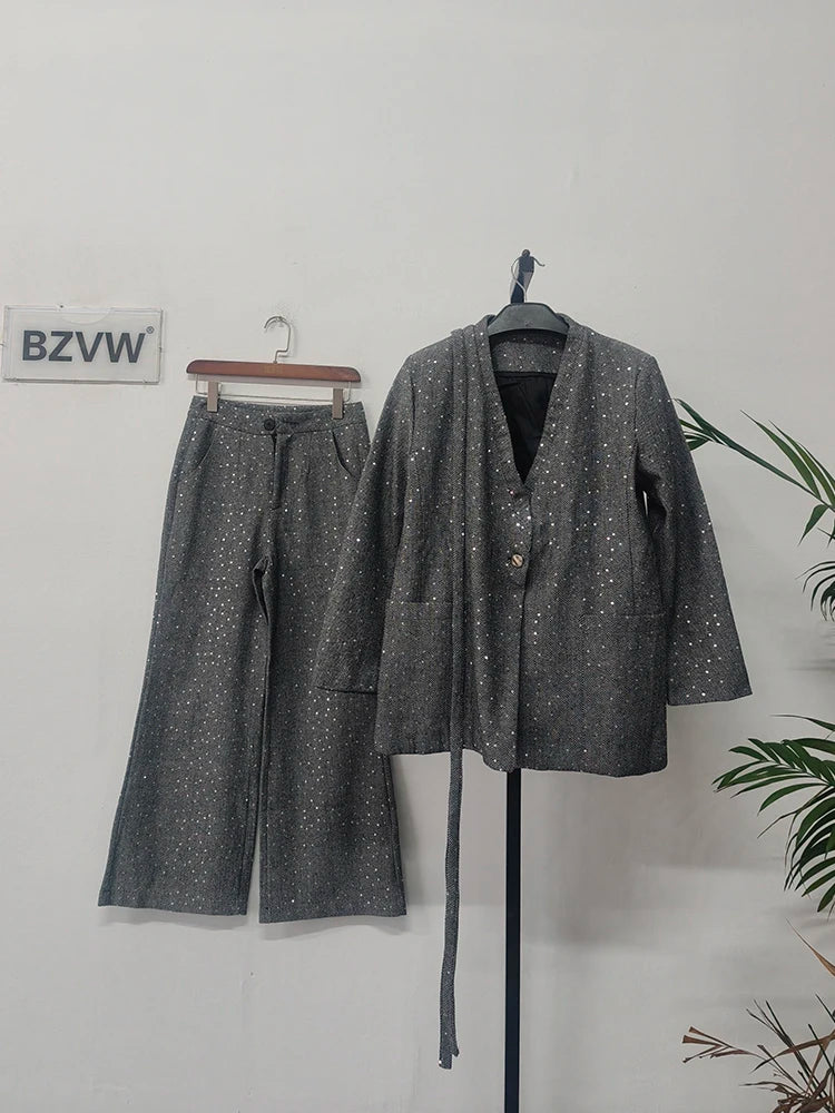 V-Neck Gathered Blazer & Wide-Leg Trousers Set