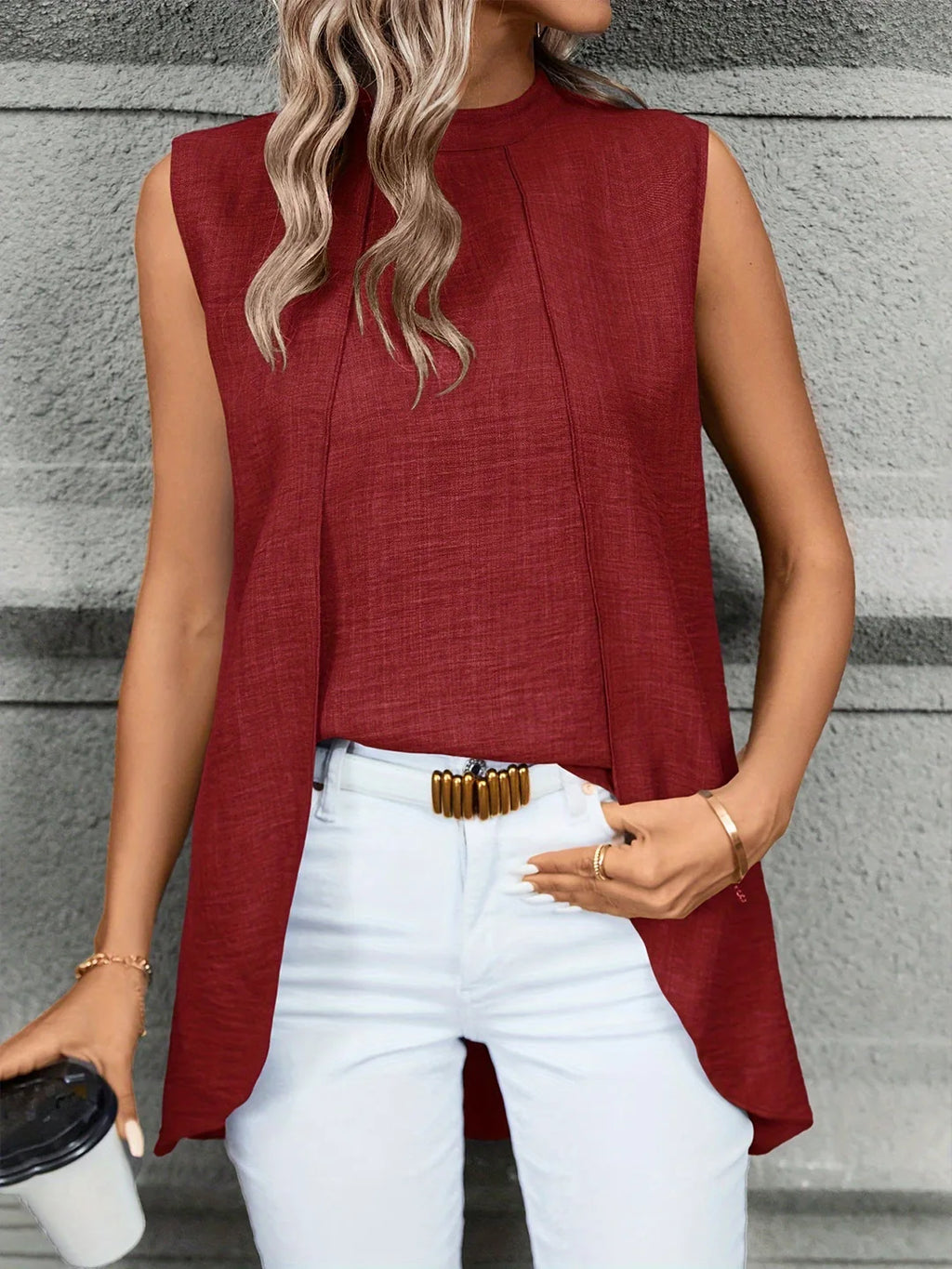 Layered-Look Sleeveless Solid Blouse