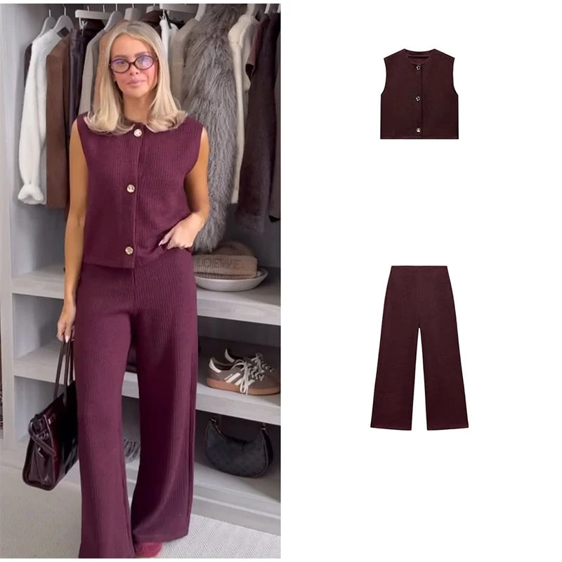 Knit Sleeveless Vest & Wide-Leg Trousers Set