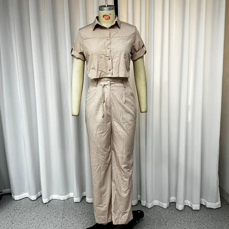 Belted Lapel Short-Sleeve Top & Wide-Leg Trousers Set